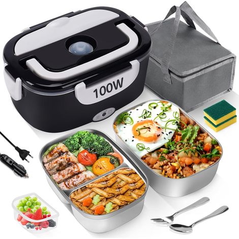 Lunch Box Chauffante Électrique 100W, 3 en 1 Portable, Gamelle Chauffante en Acier Inoxydable avec 2 Boîtes Amovibles, 12V/24V/220V pour Voiture, Camion et Bureau (Noir et Blanc, 1,5 L) (1/5)