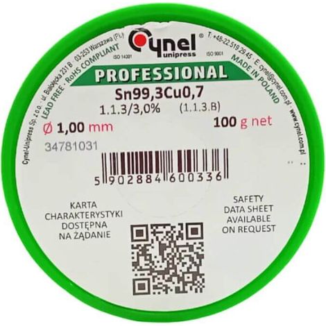 Soldadura sin plomo con fundente Sn99.3Cu0.7-1.1.3/3.0% Ø 1.00 100 g (Cu1) para soldadura blanda manual y automática, estaño de resina
