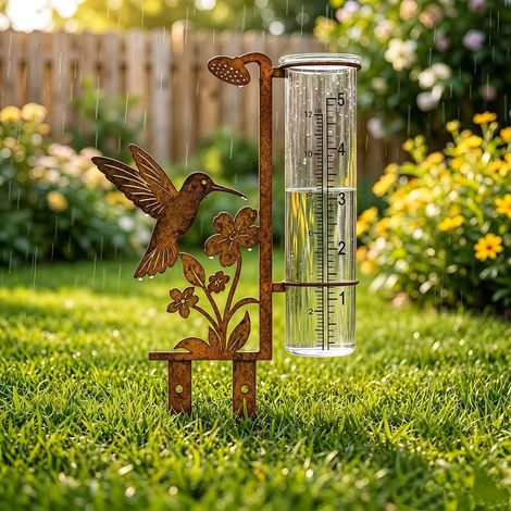 Pluviomètre jardin colibri, jauge de pluie décorative avec tube antigel, indicateur de précipitations pour extérieur