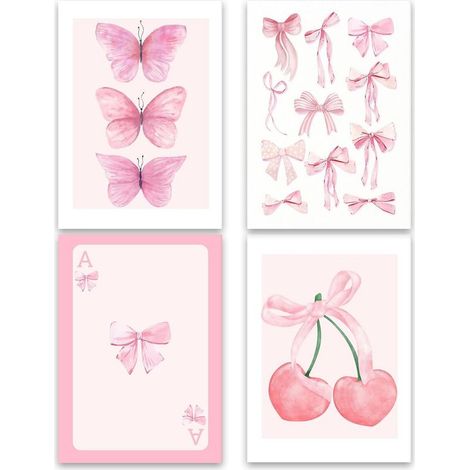 Lot de 4 affiches murales sur toile – Décoration esthétique pour chambre – Affiches roses avec nœud, papillon, cerise, tisonnier et coquette (1/5)