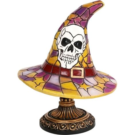 Décoration d'Halloween avec chapeau de sorcière et motif de crâne, lampe décorative USB style vitrail, lampe gothique pour chambre et bibliothèque, 20 cm (1/5)