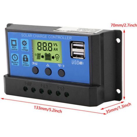 Contrôleur Solaire PWM - 12 V / 24 V - Écran LCD Rétroéclairé - Protection Surintensité - Pour Batteries Plomb-Acide - 1 Pièce (1/5)