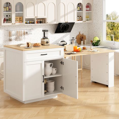 Meuble de cuisine 133-202×70×93,5 cm, îlot escamotable, 2 portes et 2 tiroir, avec étagère de rangement, buffet, MDF (1/5)