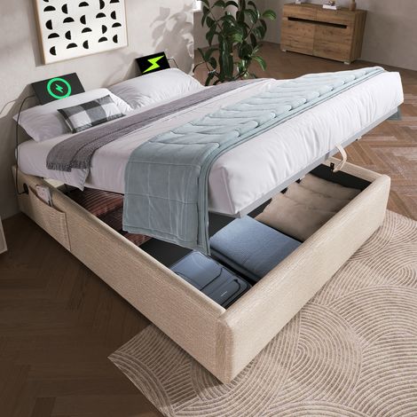 Letto con contenitore in lino beige e naturale 140x200 cm con USB/Type-C e base in legno massello