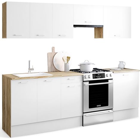 Komplettküche 240 cm SUBTIL mit Arbeitsplatte aus 7 Elementen in Holz und Weiß (1/5)