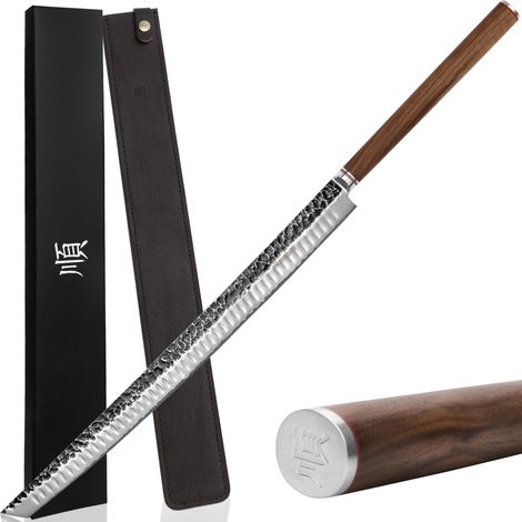 Couteau Sakimaru Ultra Yanagiba de 590 mm - Lame japonaise en acier damassé à marteau - Couteau de chef adapté à la découpe de gros saumons de thon maguro - Manche en noyer naturel (1/5)
