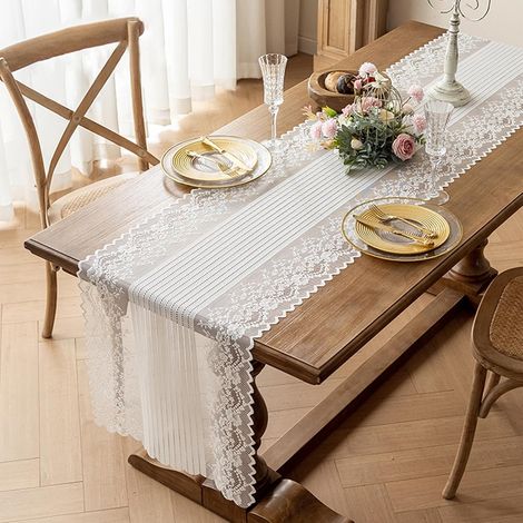Chemin de table délicat en dentelle blanche, lavable, 45 x 240 cm, pour fêtes, anniversaires et mariages. (1/5)