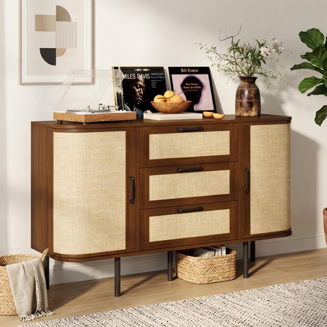 Buffet avec 3 Tiroirs et 2 Portes Effet Noyer - Meuble de rangement, Grand Rangement, Angles Arrondis - Style Rétro Vintage pour Salon, 120x40x82 cm (1/5)