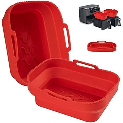 Cuisson Air Fryer de Pliable Panier Friteuse, 2 PCS Moule pour Friteuse à Air, Tapis de Cuisson Silicone Pot(Rouge) (1/4)