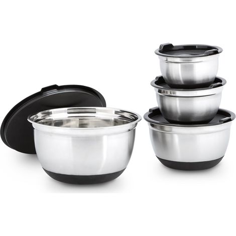 Relaxdays Schüssel Set BOWLY mit Deckel, HxBxT: ca. 14,5 x 25,5 x 25,5 cm, 4er Set, stapelbar, Edelstahl, silber-schwarz