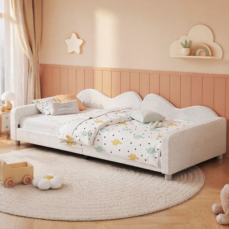 Cama tapizada multifunción estilo sofá 90x200 cm en tejido teddy blanco, con respaldo, cabecero, piecero y somier de láminas (1/5)