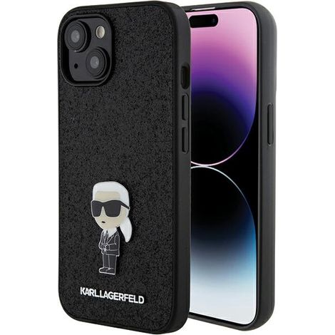 Coque rigide noire Karl Lagerfeld KLHCP15SGKNPSK pour iPhone 15/14/13 6,1" avec logo Ikonik pailleté et épingle en métal (1/5)
