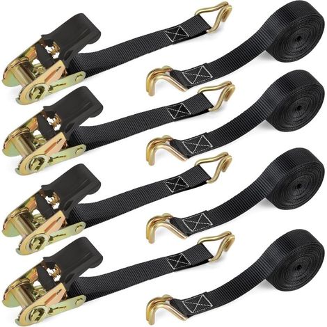Ratschengurte mit Haken – 4er-Pack Spanngurte, 6 m x 25 mm. Robuste Ratschengurte mit Klemmschnalle für Motorräder, Autos, Anhänger und den Haushalt. (1/5)