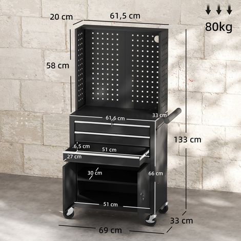 Coffre à outils mobile sur roulettes avec tableau perforé, 3 tiroirs, noir, idéal pour garage et atelier, rangement pratique (1/5)