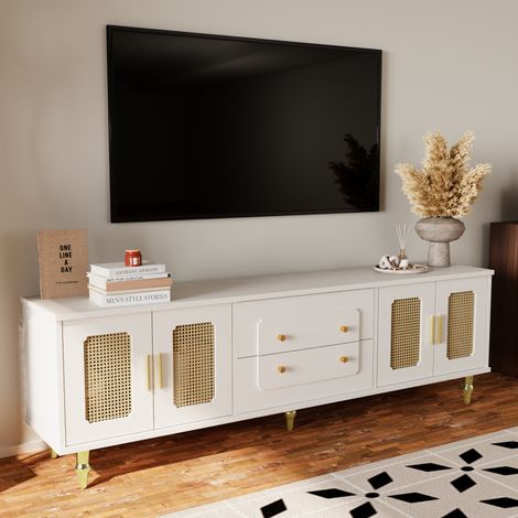 URBAN MEUBLE Meuble TV élégant avec portes en rotin et détails dorés 177x38x53cm (1/5)