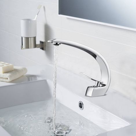 Auralum Robinet Mitigeur Lavabo Monotrou,Robinetterie Minimaliste Moderne Chromé Design Unique Elégant,Robinet Salle de Bain Laiton,Valve En Céramique,Eau Chaude et Froide Disponible (1/5)