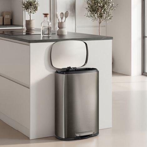 Poubelle de cuisine de 50 L, Corbeille, en acier inoxydable, Fermeture douce, Pédale, Seau intérieur amovible, Gris (1/5)