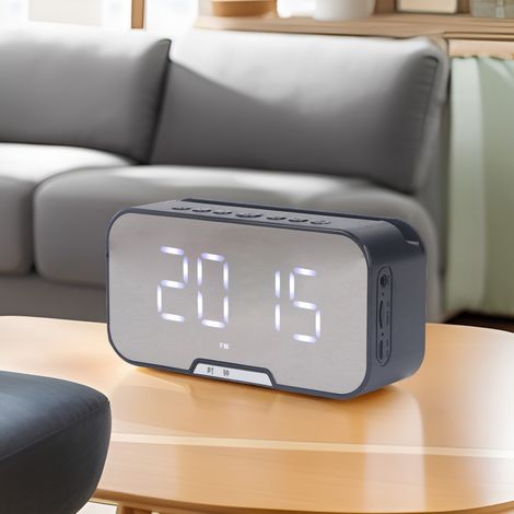 Réveil rechargeable noir élégant avec haut-parleur Bluetooth et finition miroir, enceinte sans fil multifonctionnelle (1/5)