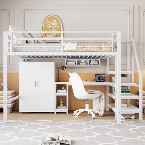 Lit mezzanine 140 x 200cm blanc avec penderie, bureau, étagères et échelle de rangement (1/5)