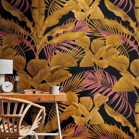 Fototapete Profhome 391853 heißgeprägte Vliestapete glatt mit Dschungel-Design matt schwarz gold-gelb rosa pastell-violett 1,59 m x 2,8 m