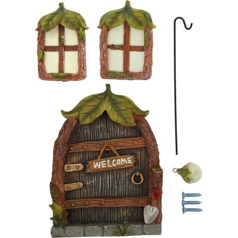 Kit de décoration de jardin rétro elfique avec mini-portes et fenêtres, crochets et vis inclus, pour la décoration extérieure des arbres. (1/5)