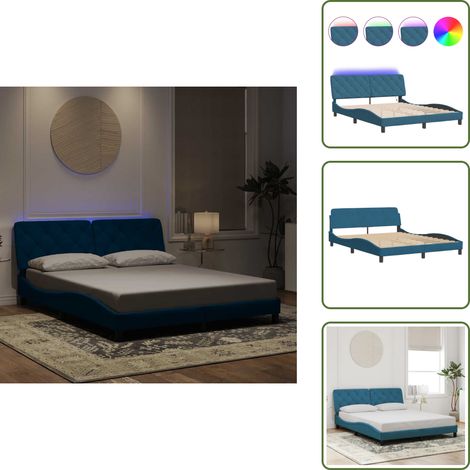 Cadre de lit avec LED sans matelas bleu 160x200 cm velours - Lit Plateforme - Lit Design - Lit Velours - Cadre Lit Double - Éclairage Led (1/5)