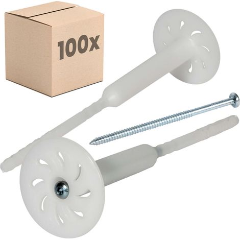 PROTEKTOR Cheville à vis pour isolants thermiques destinée à l'isolation des façades, avec vis en acier zingué - 26cm, 100 Pièce, Blanc