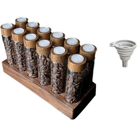 Bocal de conservation pour grains de café, tube de conservation pour grains de café en verre transparent, dose individuelle, avec couvercle support en noyer. (1/5)