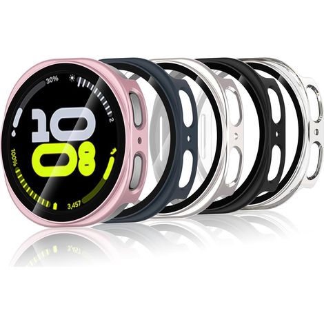 5 Pièces Coque Compatible avec Samsung Galaxy Watch 8 40mm, Coque Rigide en PC avec Protecteur d'écran, Coque HD avec Verre Trempé - Transparent,Noir,Argent, Rose,Blue