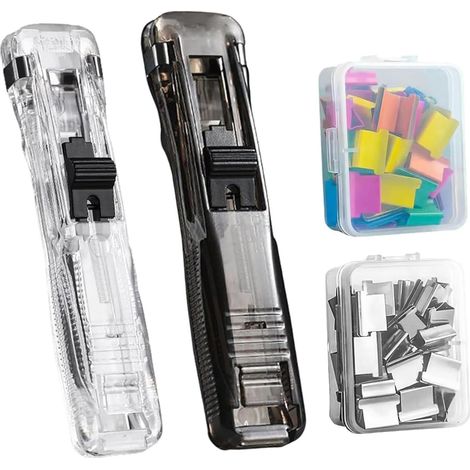 2 Pièces Clam Clip Dispenser, Distributeur de Pinces Portable, Agrafeuse à Pince Sans Agrafes, avec 100 Clips Métal Inox pour Documents, Bureau, École, Maison (B) (1/5)