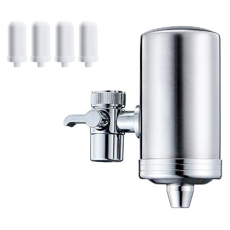 Filtre à Eau de Robinet en Acier Inoxydable, Filtration Eau Robinet avec 4 Filtres Inclus, en Deux Modes D'évacuation, Réduit le Chlore Métaux lourds (1/4)