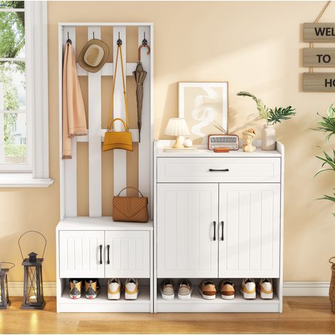 Conjunto de recibidor 140x32x180 cm blanco en tablero de partículas con banco, zapatero, panel y 4 ganchos (1/5)