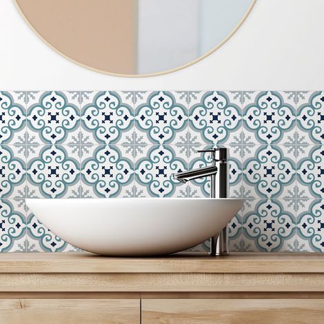 Crédence salle de bain en PVC motif effet carreaux ciment bleu 140x30 cm (en 2 bandeaux) - Yazir (1/5)