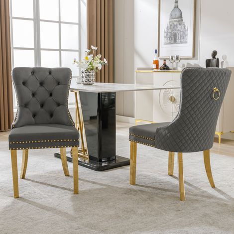 Lot de 2 Fauteuils Gris et Dorés, Chaises de Salle à Manger avec Dossier à Anneaux Ronds, Rembourrage Clouté, Pieds en Acier Doré, Revêtement Velours, Parfaites pour Cuisine et Salon