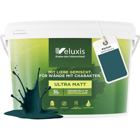 Wandfarbe Grün Blau Petrol Matt Innenfarbe – Deckkraft Klasse 1, VOC-frei, Ohne Grundierung, Tropfarm – Wohnzimmer & Schlafzimmer – 5L – Veluxis (Specific Spirulina)