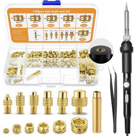 Kit Insert Fileté Metal 130 Pièces, M2-M8, Laiton, avec Fer à Souder, Pince (1/5)