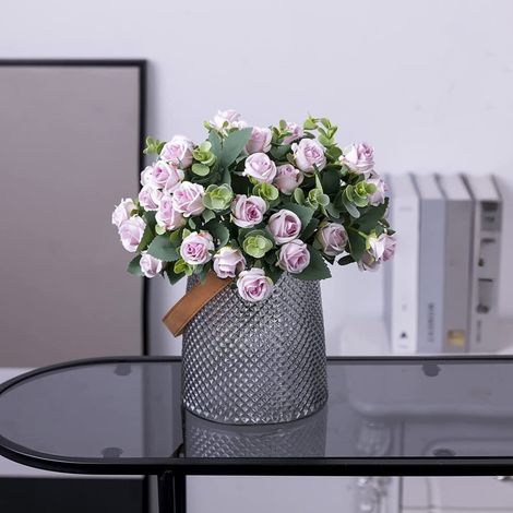 Mini ramo de rosas artificiales, 12 cabezas, ramo de novia, rosas de seda sueltas, adecuado para bodas, despedidas de soltera, Navidad, decoración del hogar, la oficina y el jardín (morado).
