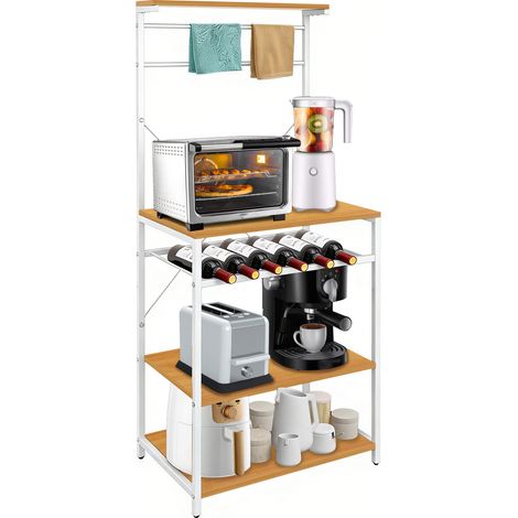 Haloyo® Scaffale da cucina a 4 ripiani con 8 ganci, design industriale, scaffale autoportante per piani di lavoro, realizzato in tubi metallici, 59x40x143 cm, colore noce (1/5)