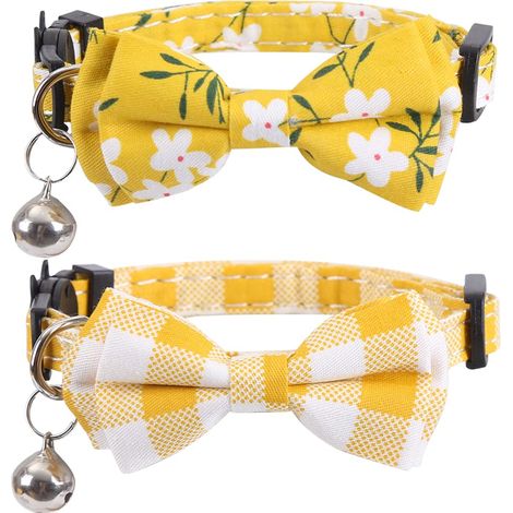 Lot de 2 Colliers pour Chat avec Joli nœud Papillon et Clochette à Carreaux pour Chaton sécurité réglable, Jaune (1/5)