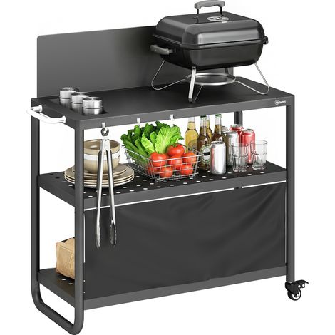 Chariot de barbecue - desserte de jardin - Outsunny - pare-vent, 3 niveaux mobile avec rideau oxford - acier - 100x46x110cm - noir