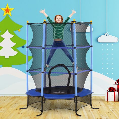 Cama elástica infantil, Ø163 cm, con red de seguridad, para uso interior y exterior, capacidad de carga de hasta 50 kg, acero, plástico, azul.