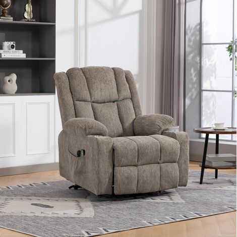 Sillón elevador eléctrico marrón claro en terciopelo con masaje, calor, respaldo reclinable y reposapiés (1/5)