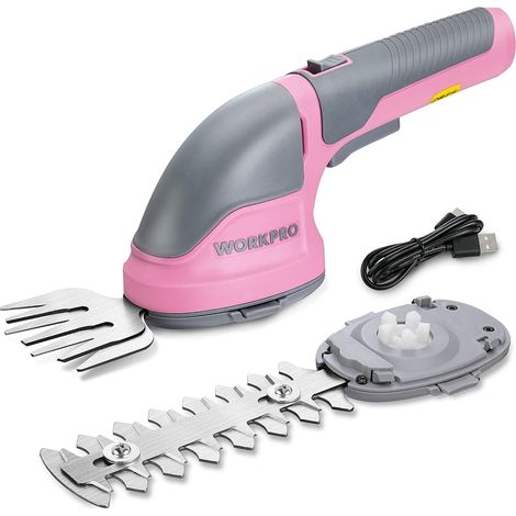 WORKPRO Cisaille Sculpte-Haie et Taille-Herbes sans Fil 3,6V, Cisaille à Gazon avec 2 Lames, Largeur/Longueur de Coupe 7,5 cm/12 cm, Batterie 2000mAh et Type C, pour Coupe, Elagage, Gris Rose (1/5)
