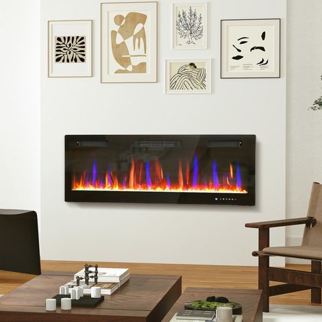 Cheminée électrique mural ou encastrable 900W/1800W, effet flamme à 12 couleurs 5 luminosités, 127 x 9,4 x 47 cm, noir (1/5)