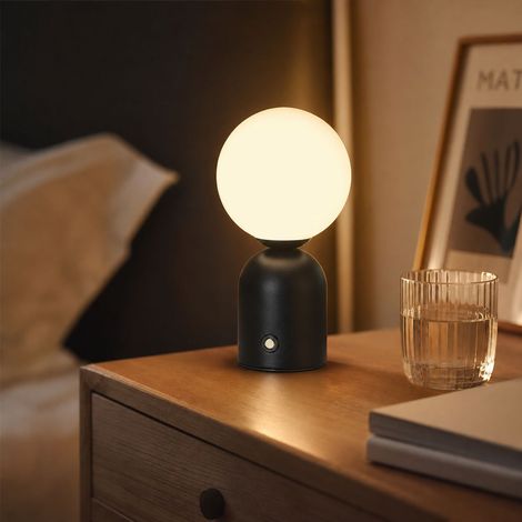 Lampe de table boule macaron LED sans fil, variateur tactile 3 couleurs, recharge USB-C, batterie 2000mAh, design décoratif pour ambiance (1/4)