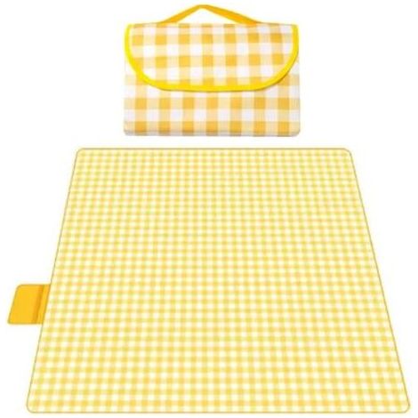 Couverture de plage, tapis de pique-nique anti-sable, 79 x 79 pouces, couverture de poche portable pliable et imperméable pour pelouse extérieure, plage, voyage, camping, randonnée, parc (carreaux jau (1/5)