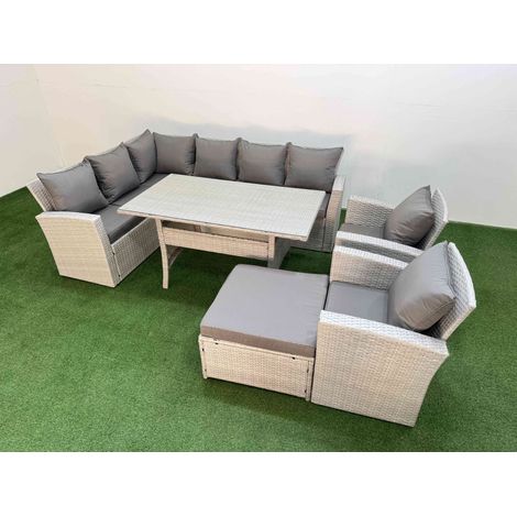 Fimous 9 Seater Rattan Garden Furniture Set Outdoor Patio Dining Corner Sofa Sets with Dining Table 2 Chairs Big Footstool Light Grey Mixed (1/5)