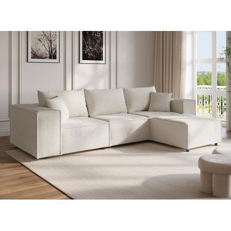 Deco In Paris – Canapé d'angle modulable en velours côtelé épais beige – Configuration réversible – Largeur 298 cm – Confort optimal avec coussins rembourrés (1/5)