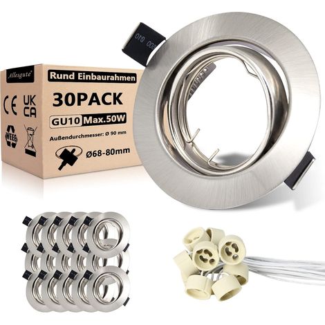 Lot de 10 Cadres pour Spots Encastrables - Diamètre de 68mm - Acier Inoxydable Brossé - Douille GU10 pour Ampoules LED ou Halogènes - Rotation à 30° - Design Circulaire