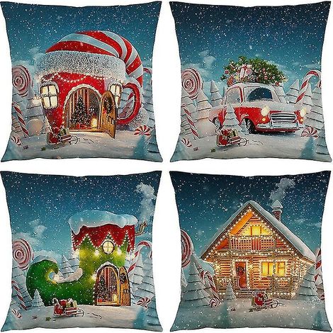 Lot de 4 housses de coussin de Noël - 45 x 45 cm - Décorations de Noël - Housses de coussin festives (1/5)